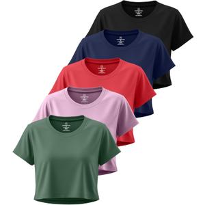 Real Essentials 5 Pack: Women's Dry Fit Crop Top - Short Sleeve Crew Neck Stretch Athletic Tee (Medium)