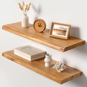 32" Live Edge Floating Shelves, Solid Elm Wood Shelf, Set of 2, 32 Inch | 2 Pack