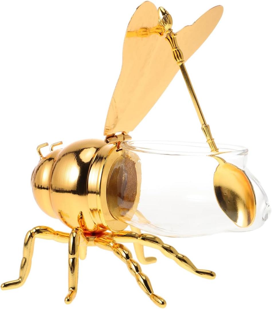 IMIKEYA Bee Honey Jar, Decorative Bee Shaped Honey Pot Bee Figurine Glass Honey Container Syrup Dispenser Crystal Condiment Pot Sugar Holder Bowl for Kitchen Home