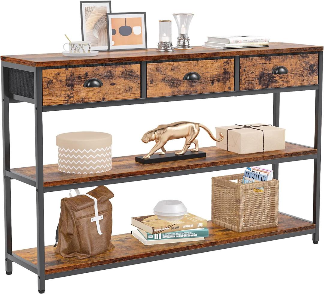 Furologee Long 47" Console Sofa Table with 3 Drawers, Entryway Table with 3-Tier Storage Shelves, Industrial Display Shelf for Entry Way, Hallway, Couch, Living Room, Kitchen, Foyer, Rustic Brown (47.2 inch)