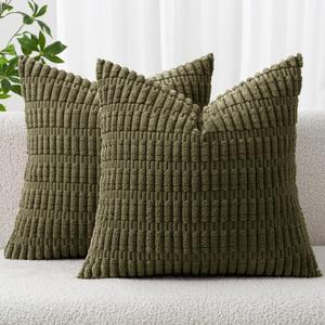 MIULEE Pack of 2 Corduroy Decorative Throw Pillow Covers 20x20 Inch Soft Boho Striped Pillow Covers Modern Farmhouse Home Decor for Summer Sofa Living Room Couch Bed Olive Green