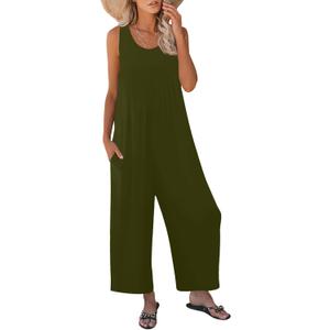 Women's Summer Casual Loose Tank Jumpsuit Sleeveless Crewneck Long Pants Jumpsuit Romper with Pockets (Medium, Army Green)