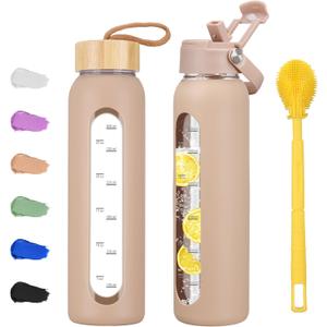 32 oz Glass Water Bottle with 2 Lids-Handle Straw Lid & Bamboo Lid,1 Liter Motivataional Tumbler Water Bottle Time Marker, Borosilicate Glass Water Bottles With Silicone Sleeve, Leakproof (Amber)