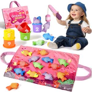 Montessori Toys for 1 Year Old - 20PCS Cloth Toddler Pink Fishing Game with Stacking Cups,Baby Color Sorting Toy 12-18 Months One Year Old Birthday Gift,Toddler Toys for 1 2 3 Year Old Boy Girl Gifts