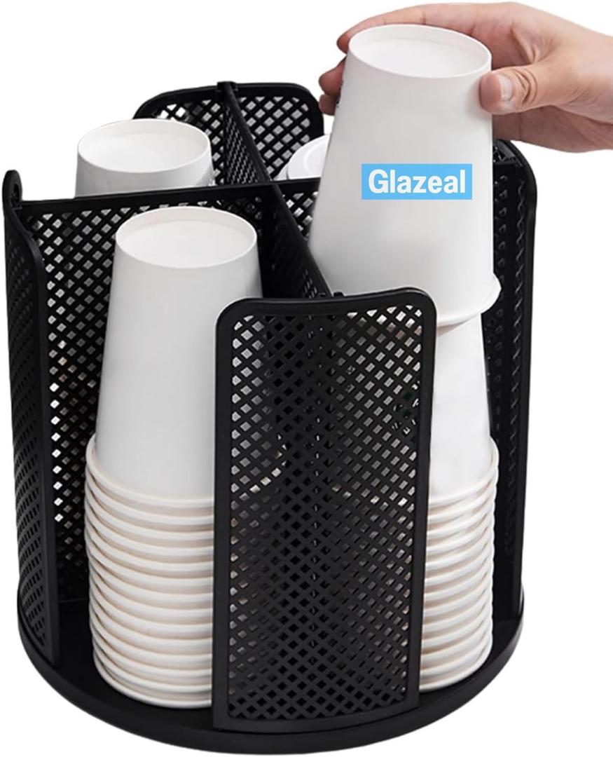 Rotatable Cup and Lid Organizer with 4 Compartments, Coffee Cup Dispenser for 5-16 oz Paper Cup Storage Organizer for Home Countertop Bathroom Kitchen Coffee Shop Restaurant Bar Office (Black)