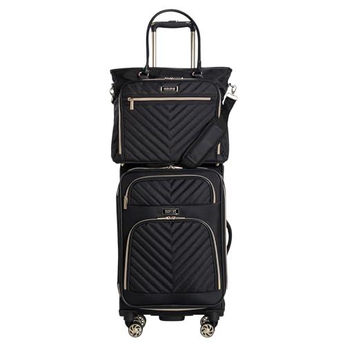 Kenneth Cole REACTION Chelsea 2-Piece Bundle - 20" Chevron Expandable 8-Wheel Carry-On Suitcase & Matching 15" Laptop Tote Bag, Black