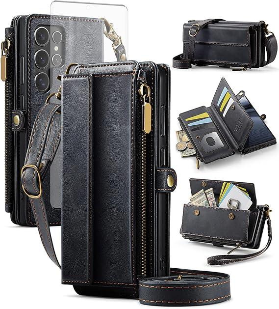 Phone Case for Samsung Galaxy S23 Plus S23+ 5G Zipper Wallet Detachable Magnetic Cover with Tempered Glass Screen Protector Crossbody Lanyard Card Holder S23plus 23S + S 23 23+ SM-S916U 6.6 inch Black