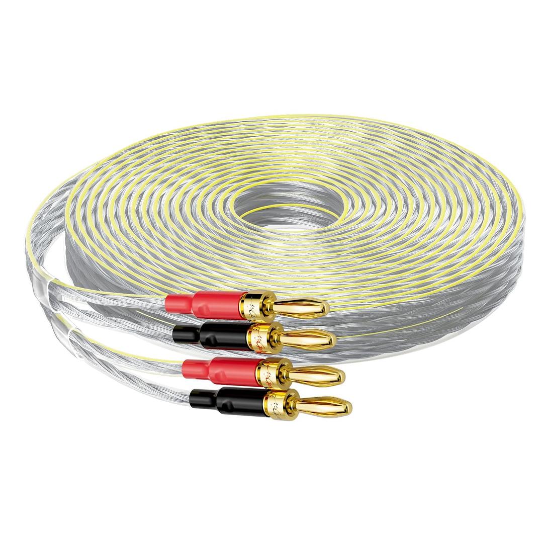 16/2 Speaker Flat Wire Cable with Banana Tip Plugs 20 FT, 16 Gauge AWG Wire, Tinned OFC Copper, Transparent Jacket with Yellow Polarity Marker, for Indoor & Outdoor, Hi-Fi Sound