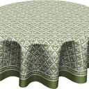 Spring Sage Green Block Print Round Tablecloths 60 inch Summer Green and White Flowers Table Cloth Cover Washable Floral Farmhouse Circle Table Cover Decoration for Dining Kitchen Party Picnic Outdoor