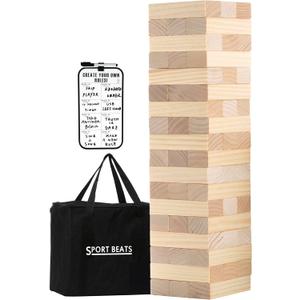 Outdoor Games Giant Tower Stacking Game, 54 Wooden Blocks, Stack Up to 4.5 Ft Tall, Includes Carry Bag and Scoreboard, Backyard and Beach Lawn Yard Fun for Adults and Family (Natural)