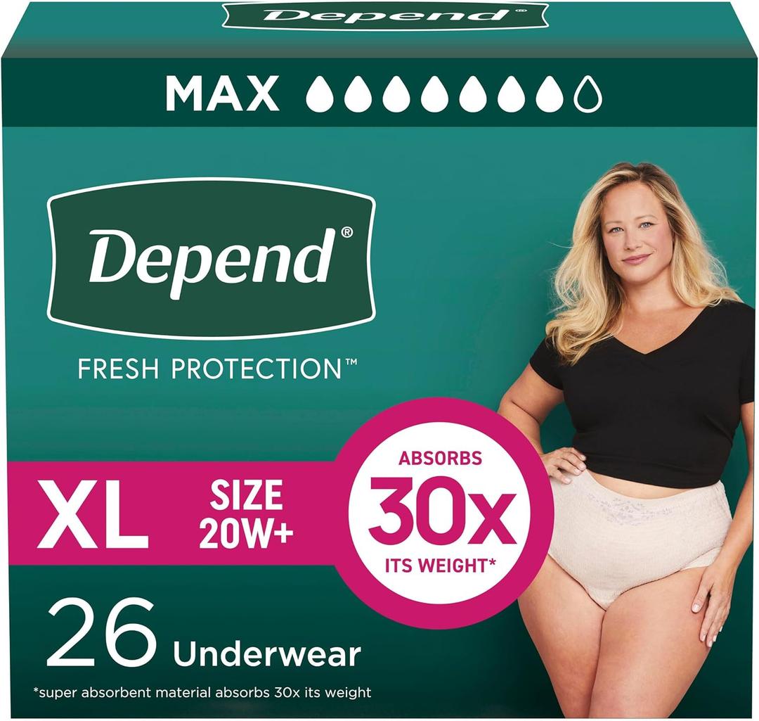 Depend Fresh Protection Adult Incontinence & Postpartum Bladder Leak Underwear for Women, Disposable, Maximum, Extra-Large, Blush, 26 Count, Packaging May Vary