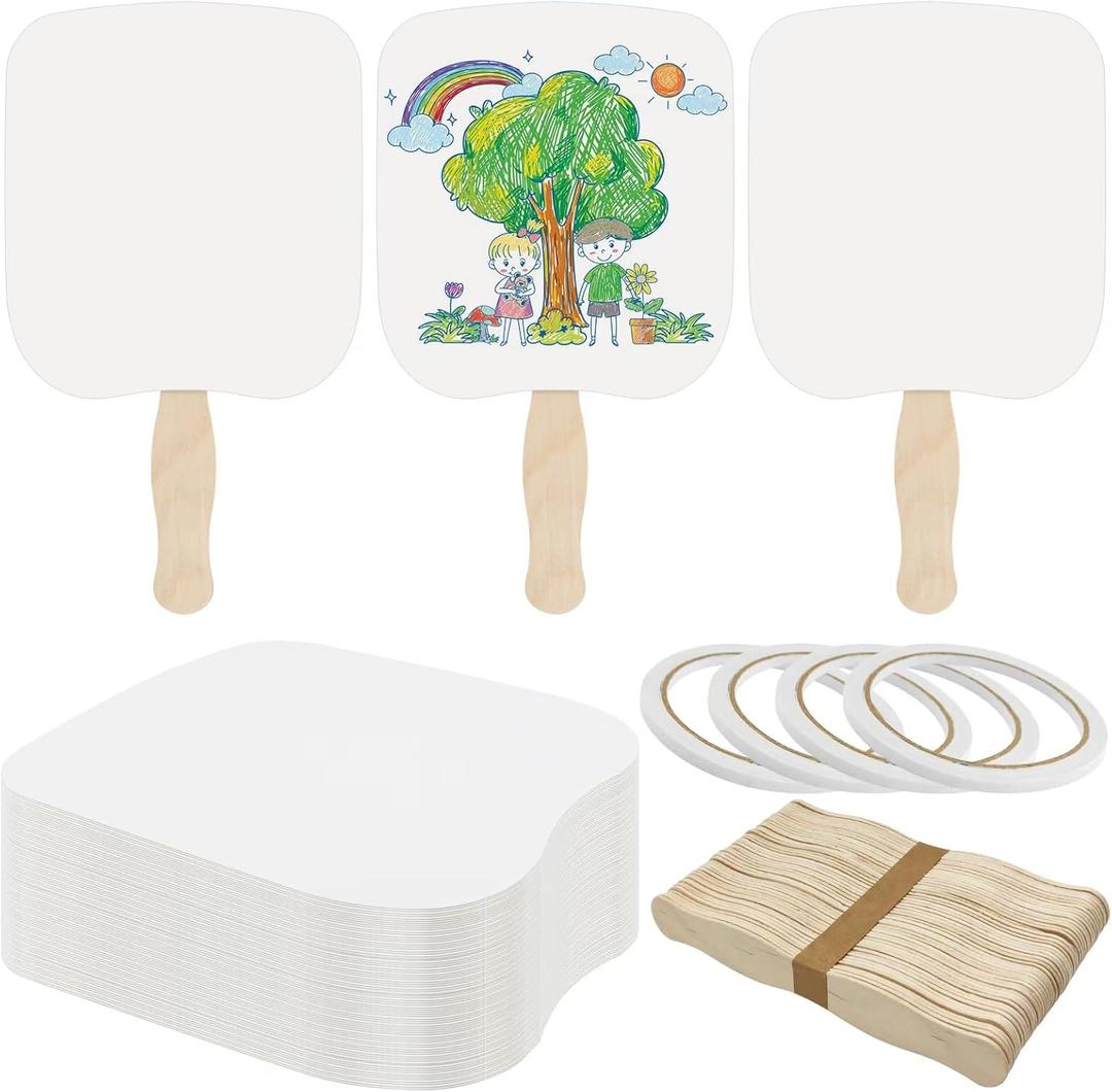 LOTMER 150 Pcs Church Fans Handheld Set, 100 Blank Cardstock Paper Fans with 50 Wavy Wooden Sticks, Paper Fan Handheld for DIY Painting Custom Fans (50 Set)