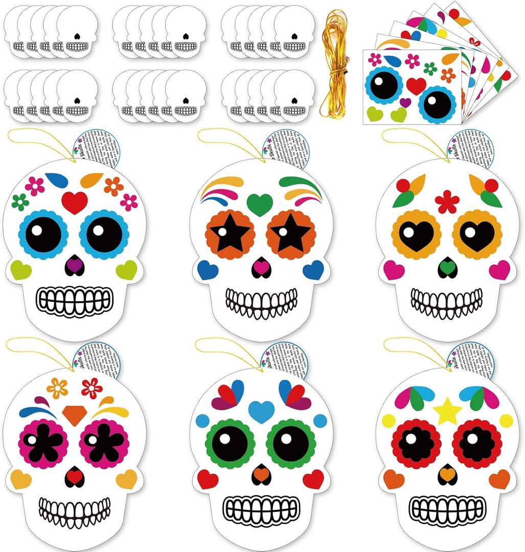 chiazllta 30 Pcs Sugar Skull Craft Kits Kids DIY Day of The Dead Craft, Kindergarten Art Craft Make Your Own Mexican Skull Set for Home Class Game Activities Preschoolers