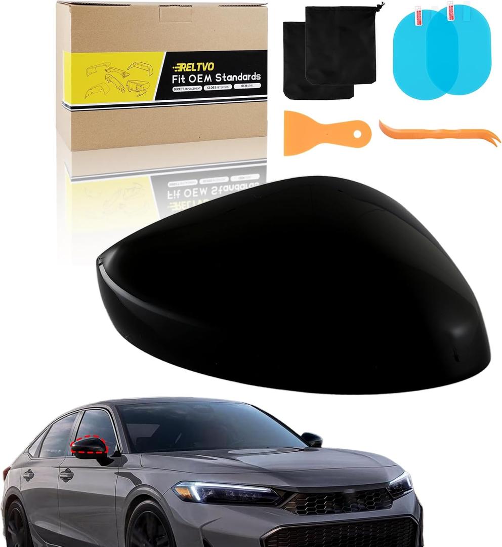 Passenger Side Mirror Cover for Honda Civic 11th Gen 2022 2023 2024 2025,Glossy Black Left Side Rearview Mirror Cap Trim,Non-Light Version.(Glossy Black,No Light,Right Side)