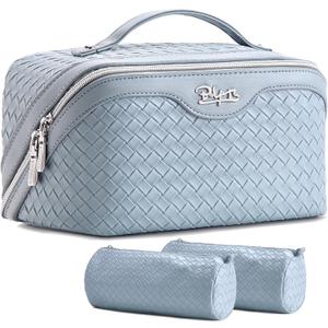 BOYATU Travel Makeup Bag Cosmetic Bags for Women: Large Capacity 3 Pcs Set Make up Bag with Compartments - Waterproof Vegan Leather Toiletry Organizer Bags with Handle (Light Blue)