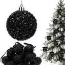 Wesiti 24 Sets 2.6 Inch Black Glitter Christmas Ball Ornament Set 24 Sparkly Shatterproof Tinsel Ball Ornament with 24 Bow Sequin Hanging Xmas Tree Decoration Indoor Outdoor for Xmas Wedding Decor