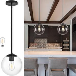 10 Inch Globe Pendant Light Black Mid Century Pendant Light Contemporary Globe Pendant Lights Clear Glass Pendant Lights Adjustable Hanging Light Fixture Clear Glass with Black Finish for Dining Room