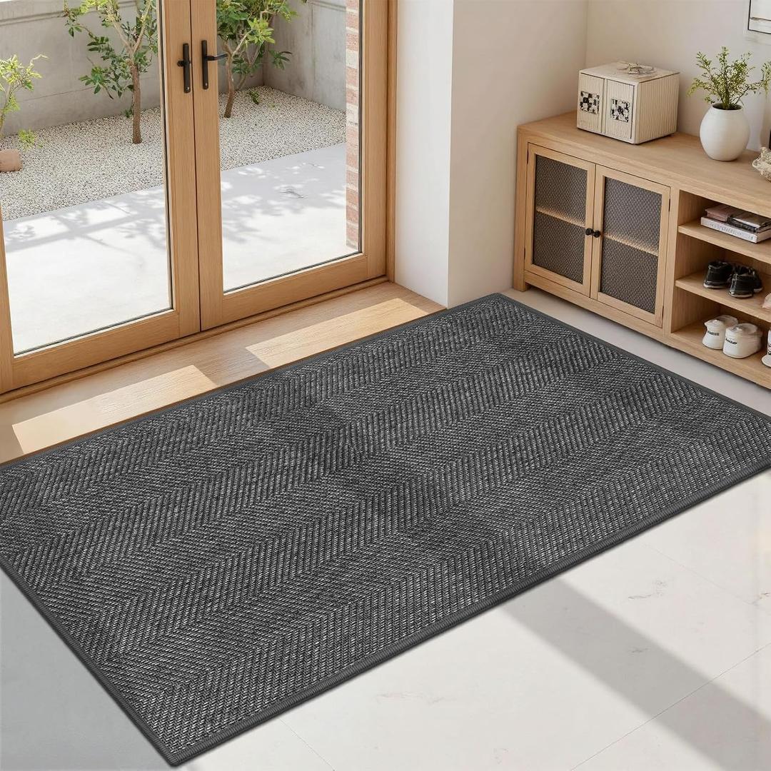 Ultra Thin Indoor Door Mat 24"x47", Washable Door Mat Indoor Entrance, Non Slip Rubber Backing Doormat Low-Profile Inside Entryway Mat, Unique Herringbone Design Entry Mat, Dark Grey (FOLD)