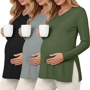 Sweetyweee 3 Pack Women's Thermal Maternity Shirts Fleece Lined Long Sleeve Tops Split Side V Neck Pregnancy Clothes, L