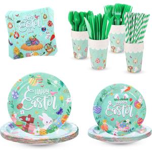 192 Pcs Easter Plates and Napkins Set Party Decorations Birthday Decorations Paper Plates Napkins Cups Forks Tablecloth Banner Bow Tableware Serve 24
