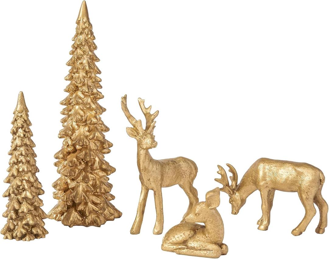 DN DECONATION Christmas Reindeer and Tree Decor  Set of 5 Gold Xmas Reindeer with Christmas Tree Statues  Vintage Resin Woodland Forest Animals Deers for Table Mantle, Indoor Winter Decor