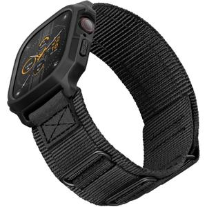 SUNFWR Bands Compatible with Apple Watch 44mm 45mm with Case,Rugged Sport Apple Watch Strap with Protective Cover for iwatch Series 9/8/7/6/5/4/SE for Men(Black Black Tags)
