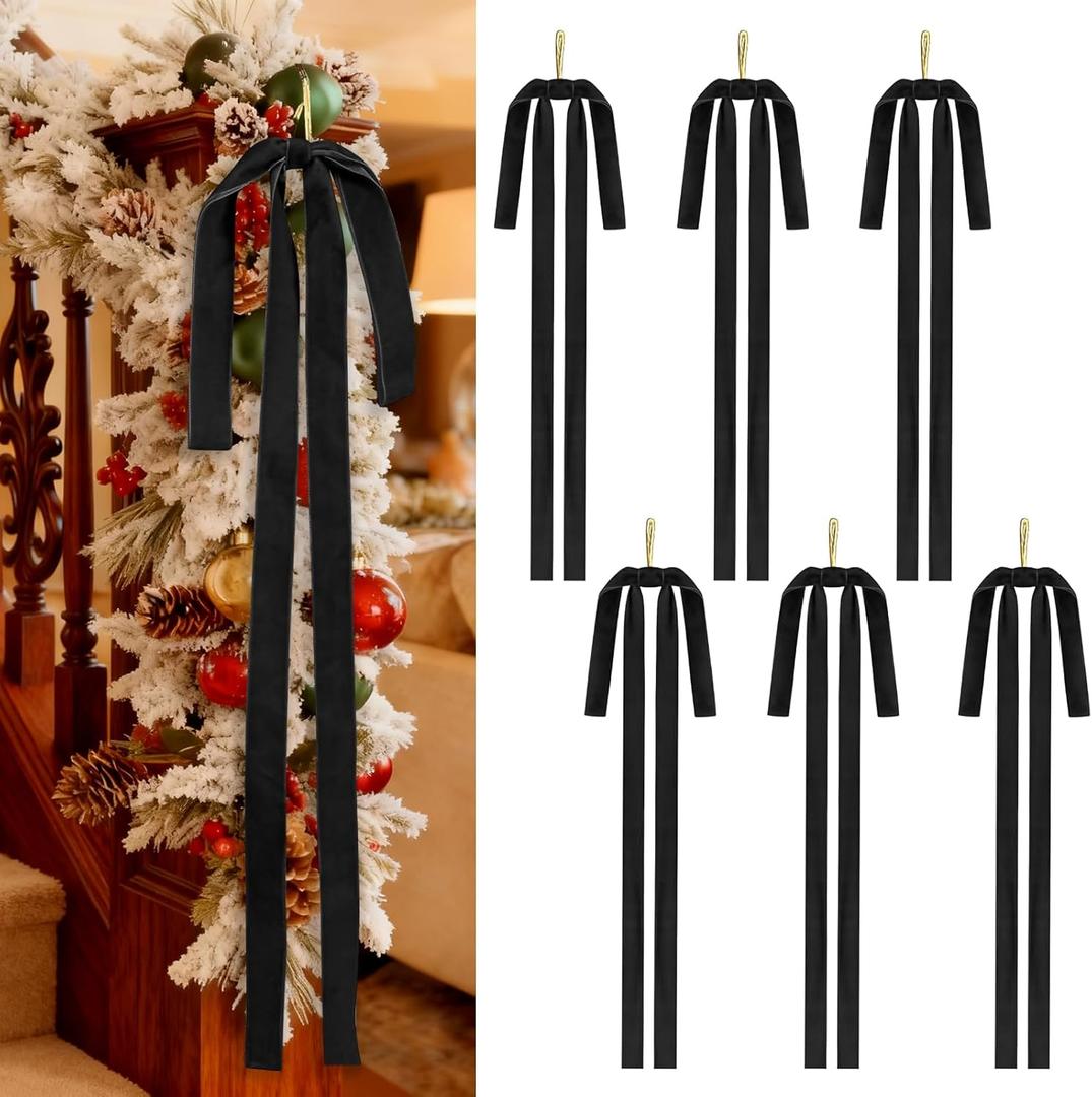 Leavans 6PCS Large Velvet Christmas Wreath Bows 24x15 Inch Vintage Xmas Tree Topper Ribbon Bow Rustic Christmas Staircase Crafts Gift Bows for Christmas Outdoor Indoor Decor Black)