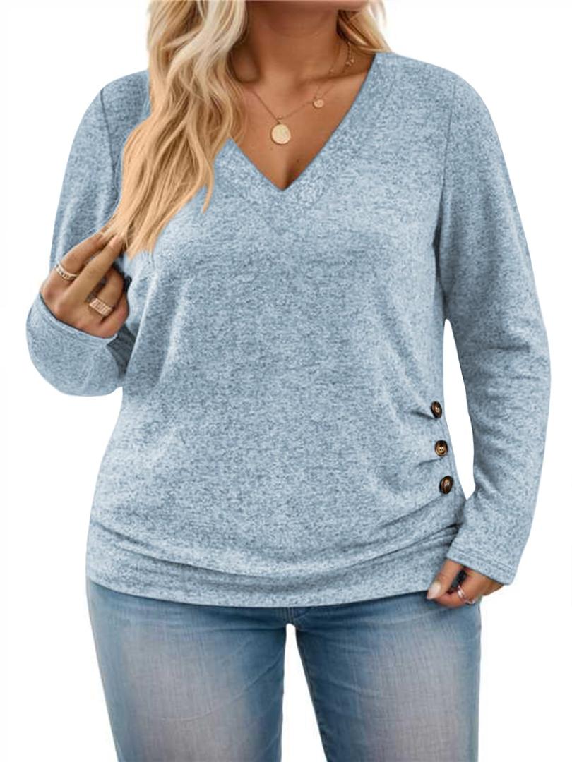 Oversized T Shirts for Women Dressy Long Sleeve Shirts Winter Solid Color Blouses Cute Elegant V Neck Tops 2XL Blue