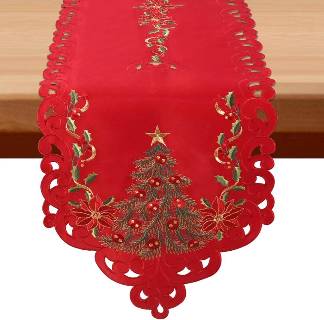 Red Christmas Table Runner - Small 54 Inches Long, Embroidered Tree & Poinsettia Cutwork Lace Linen Tablerunner for Dining Room, Kitchen, Mantel or Coffee Table, Holiday Xmas Decor