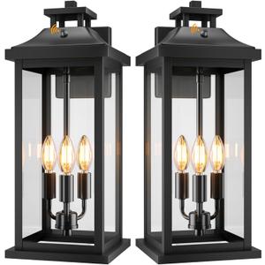 20" Large Dusk to Dawn Outdoor Lights 3-Light, 2 Pack Black Modern Exterior Lighting Fixtures Photocell Sensor Outside Porch Lights Wall Mount, Waterproof Patio Exterior Sconce Lamps E12