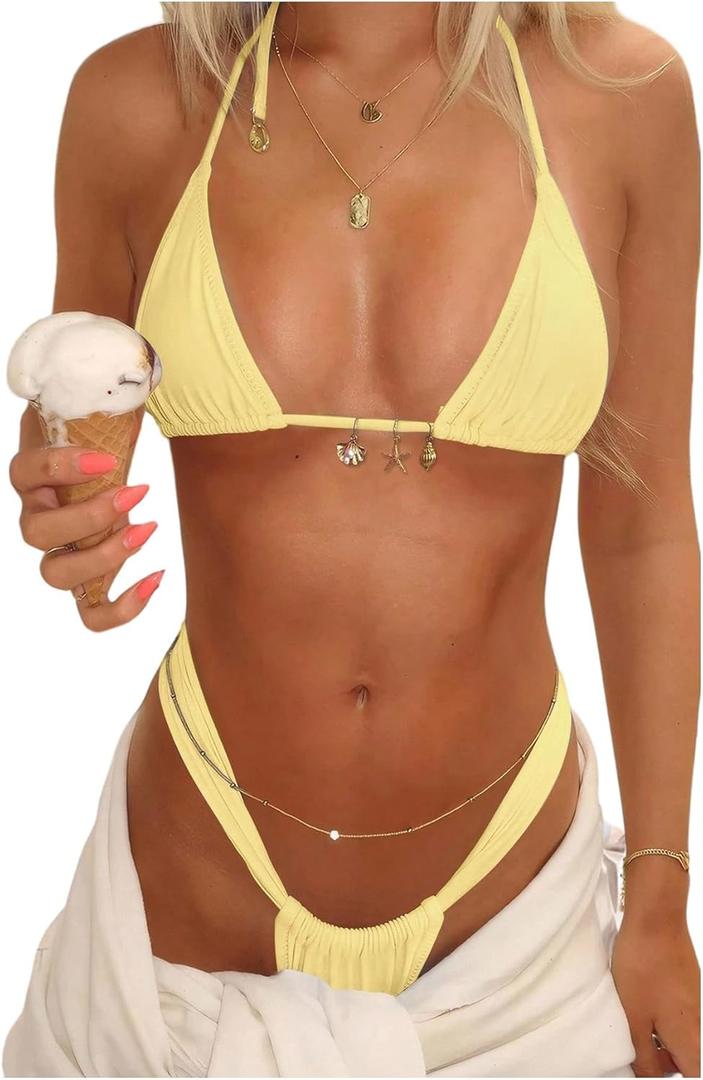 SOLY HUX Women's Halter String Bikini Sets High Cut Cheeky Thong Sexy Two Piece Swimsuits Bathing Suit (Yellow, L)