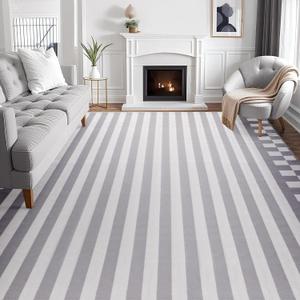 Carvapet 9x12 Large Area Rug - Gray Striped Modern Low Pile Floor Carpet, Foldable & Thin Washable Mat with Skid-Resistant Rubber Backing for Living Room Bedroom