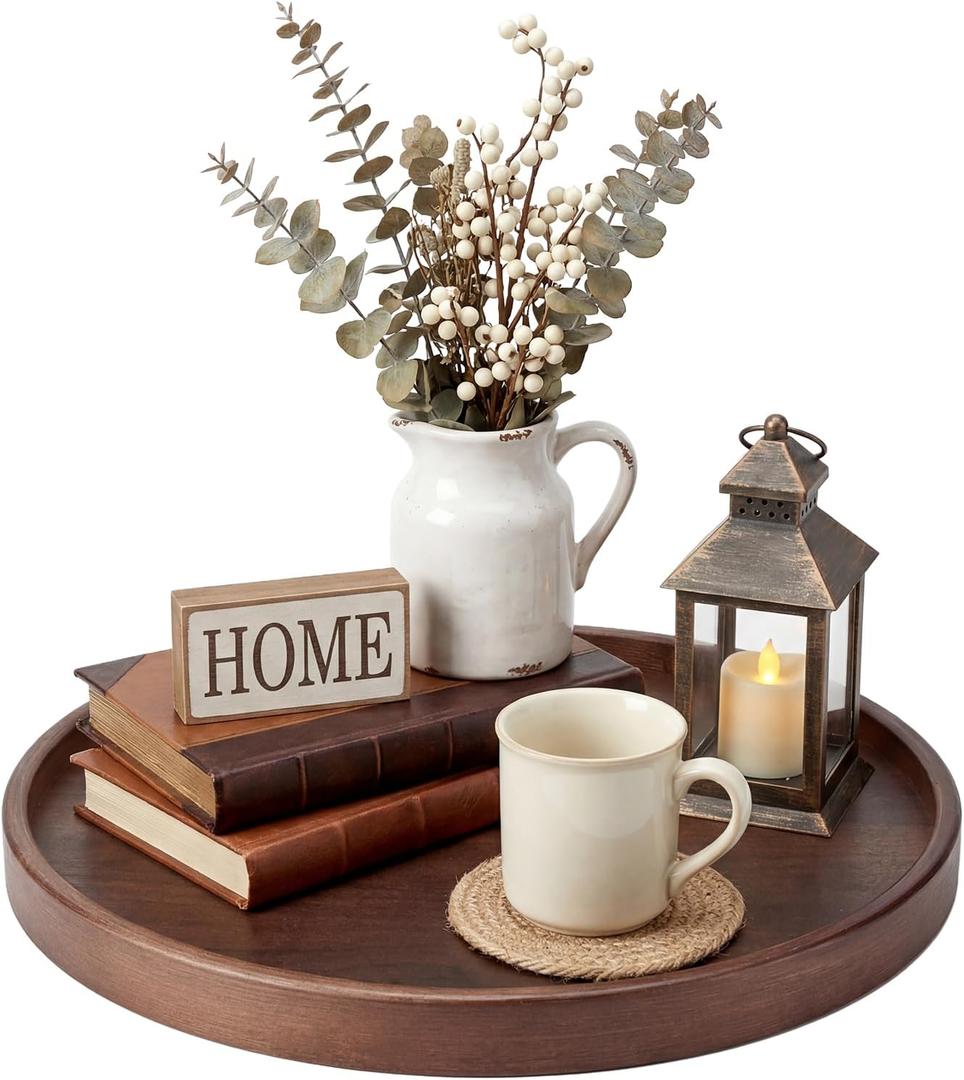 Round Natural Wood Tray - 12 Inch Decorative Serving Tray with Handles, Solid Wooden Coffee Table Tray for Ottoman, Vanity, Entryway, Snacks, Drinks & Home Decor