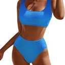 DaiLiWei High Waisted for Women Ribbed 2 Piece Bathing Suit Modest Full Coverage Bikini Sets Sporty Cute Swim Suits for Teens Blue Size L