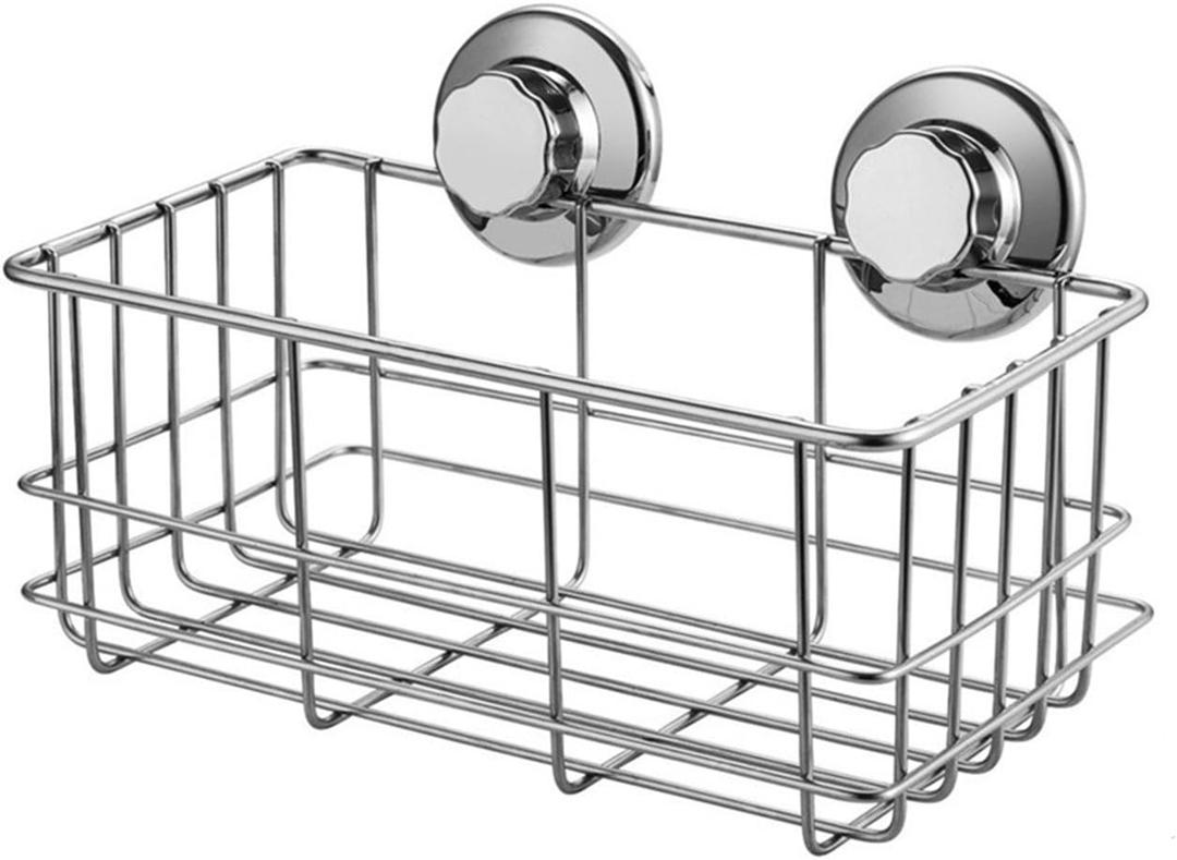 SANNO Suction Cup Shower Caddy Bath Wall Shelf, Deep Bathroom Basket Large Shower Caddy Bath Organizer Kitchen Storage Basket for Gel Holder Bathroom Storage Shampoo, Conditioner -Stainless steel
