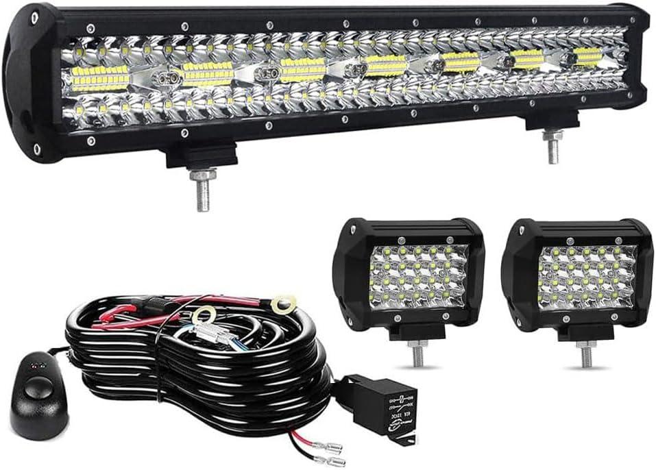 LED Light Bar Kits for Truck - 22 Inch 420W Led Light Bar, 4 Inch Led Pod Lights 12V 24V Off-Road Driving Work Lights for ATV Tractor Pickup Cart with Wiring Harness-3 Lead