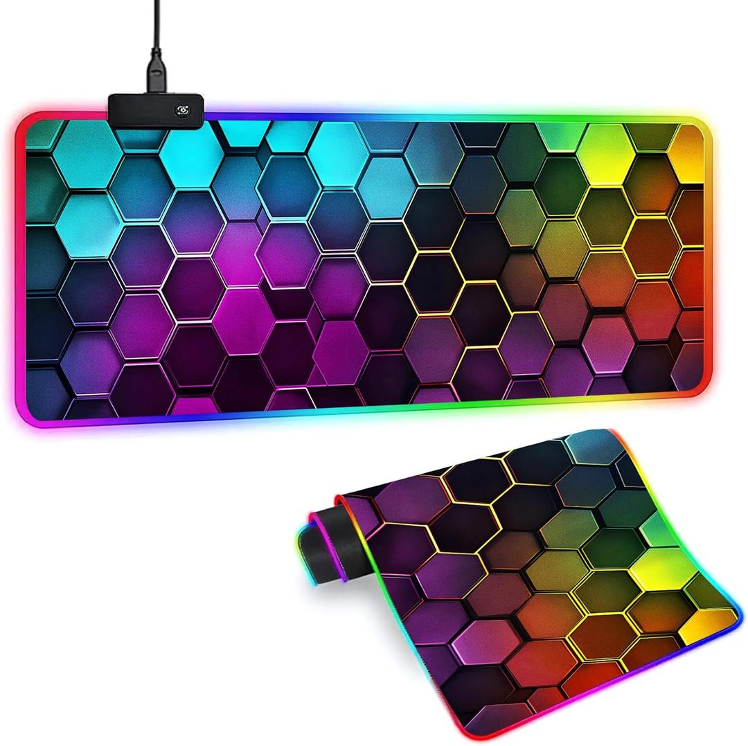 XL RGB Gaming Mouse Pad with 14 Light Modes - Light Up Gamer Mouse Pad,31.5 x 11.8in Non-Slip Honeycomb Style Led Large Gamer Mousepad, Black Long Glowing Gaming Accessories for Desk, Waterproof