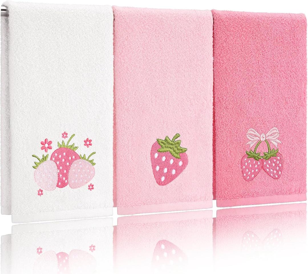 Pack of 3 Strawberry Hand Towels 14x29 Inch Spring Summer Bathroom Decor Farmhouse Pink Strawberry Cotton Embroidered Soft Absorbent Bathroom Decor Towels for Kitchen
