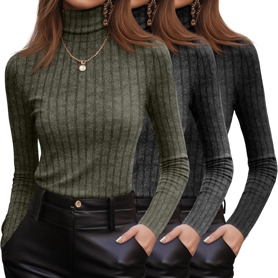 3 Pack Women's Turtleneck Sweaters Ribbed Long Sleeve Turtle Neck Top Slim Fitted Knit Lightweight Pullover Sweater (Black, Dark Gray, Army Green) Small
