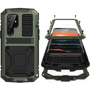 Compatible with Samsung S23 Ultra Metal Military Case with Stand Screen Protector Camera Protection Rugged Heavy Duty Shockproof Full Body Cover Tough Dustproof for Men (Green)