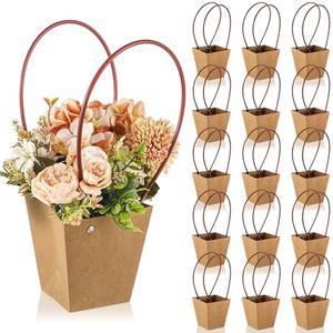 Gilprop 15 Packs Bouquet Bag Kraft Paper Flower Gift Bags with Handle Bouquet Bag Box with Waterproof Lining for Birthday Wedding Party Favors (12.5 x 4.9 x 3.1 Inch,Brown)