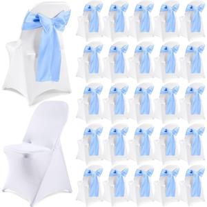 Lounsweer 50 Pcs Folding Chair Cover Set with 25 Stretch Spandex Slipcovers 25 Satin Chair Sashes Bows Ribbon Washable Banquet Protector for Wedding Event Party(White, Sky Blue)