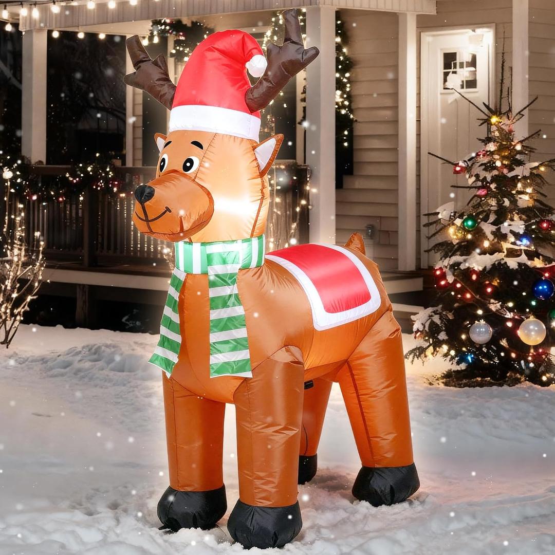 TRMESIA 4 FT Inflatable Christmas Reindeer Indoor Outdoor Decoration,LED Lights for Garden Yard Lawn Decor for Xmas Blow up Decor, with Classic Santa Hat and Blue White Scarf