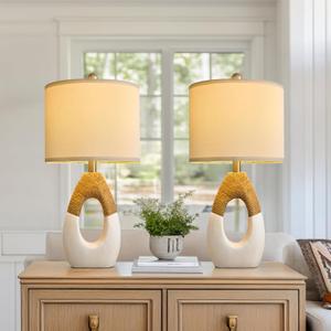 OYEARS 22 Boho Table Lamps for Bedroom Living Room Upgraded Set of 2 Medium Farmhouse Rattan Table Lamps, Rustic Home Decoration Nightstand Bedside Lamp for Office (Not Include Bulbs)