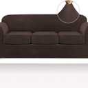 PrinceDeco Velvet Couch Covers for Sofa Soft 4 Pieces Couch Covers for 3 Cushion Couch Sofa Pet Friendly Furniture Protector with Non Slip Elastic Bottom Width Up to 90 Inch (Large, Brown) (Large(72"-90"))