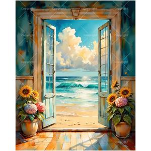 Beach View Paint by Numbers Kit for Adults - DIY Ocean Scene Through Doorway Painting on Canvas, Acrylic Paint Set, Suitable for Beginners, Art for Home Decoration or Gifts(16X20IN Framed)