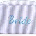 Etercycle Bride Makeup Bag, Blue Striped Cosmetic Bag Embroidery Bridal Shower Gifts, Large Travel Make Up Bags with Inside Pockets Toiletry Bag for Women Wedding Engagement Bachelorette Party