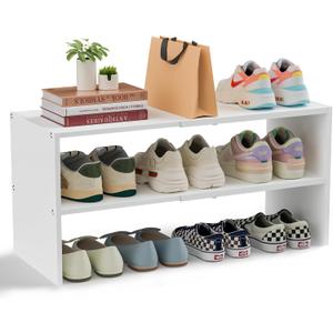 White Shoe Rack Organizer for Closet, 2-Tier Expandable Shoe Shelf, Stackable Iron Wood Combination Small Shoe Racks Shelves for Closets, Entryway,Small Space,Hallway,Bedroom,Bathroom,6-12 Pairs