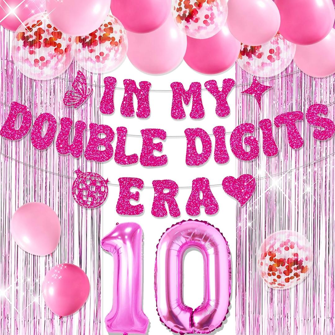 10th Birthday Decorations Pink In My Double Digits Era Banner Double Digits Birthday Happy 10th Birthday Decorations for Number 10 Balloon Girls Boys Double Digits Party Supplies