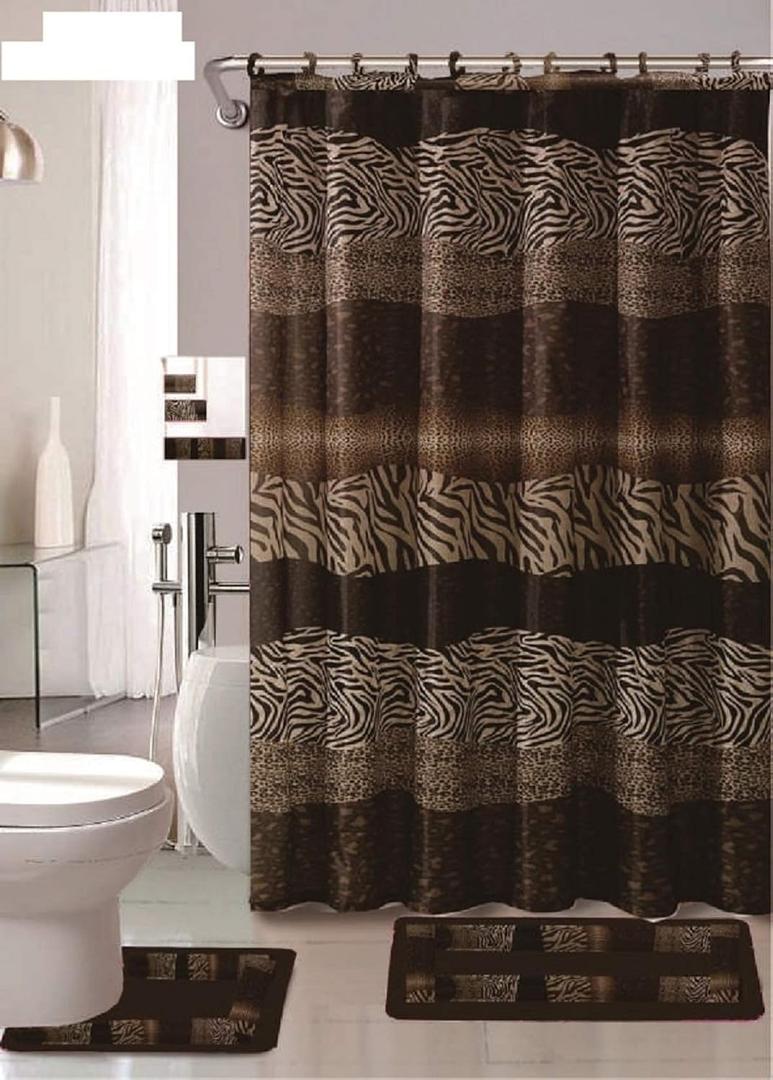 AF 18 Piece Bath Rug Set Leopard Brown Bathroom Rugs Zebra Shower Curtain Mat/Rings Towel Set- Animal Coffee